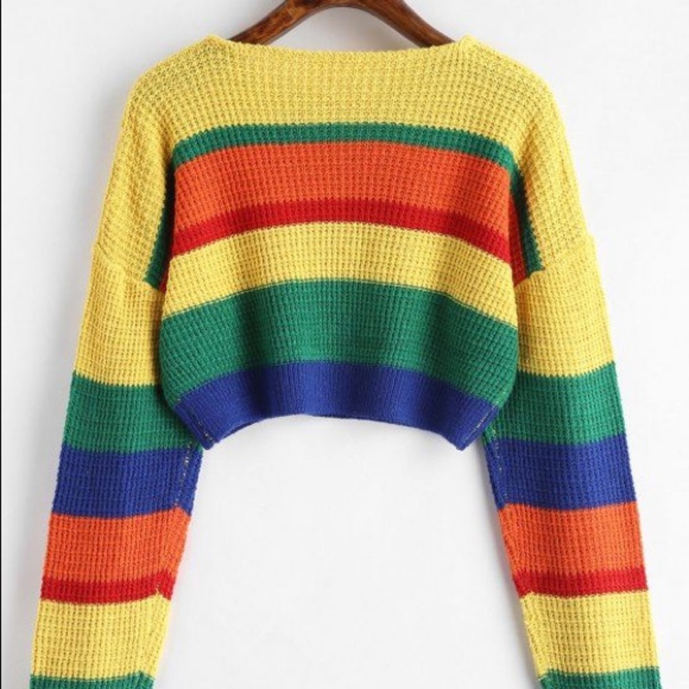 rainbow color block knit cropped sweater